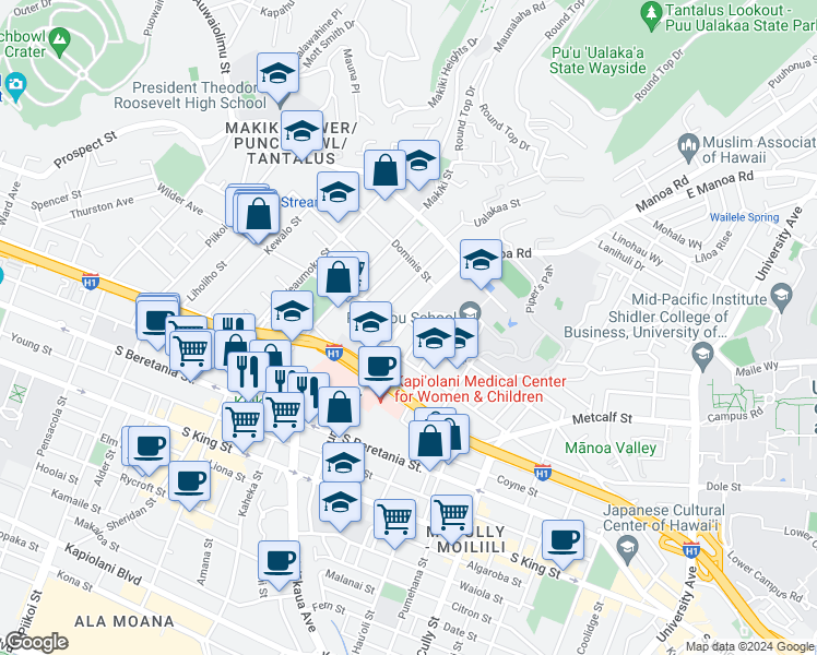 map of restaurants, bars, coffee shops, grocery stores, and more near 1561 Wilder Avenue in Honolulu