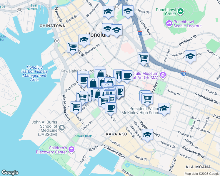map of restaurants, bars, coffee shops, grocery stores, and more near 590 Kawaiahao Street in Honolulu