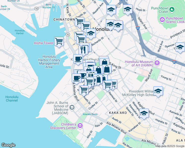 map of restaurants, bars, coffee shops, grocery stores, and more near 550 Halekauwila Street in Honolulu