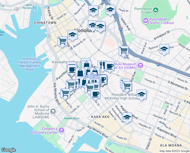 map of restaurants, bars, coffee shops, grocery stores, and more near 590 Kawaiahao Street in Honolulu