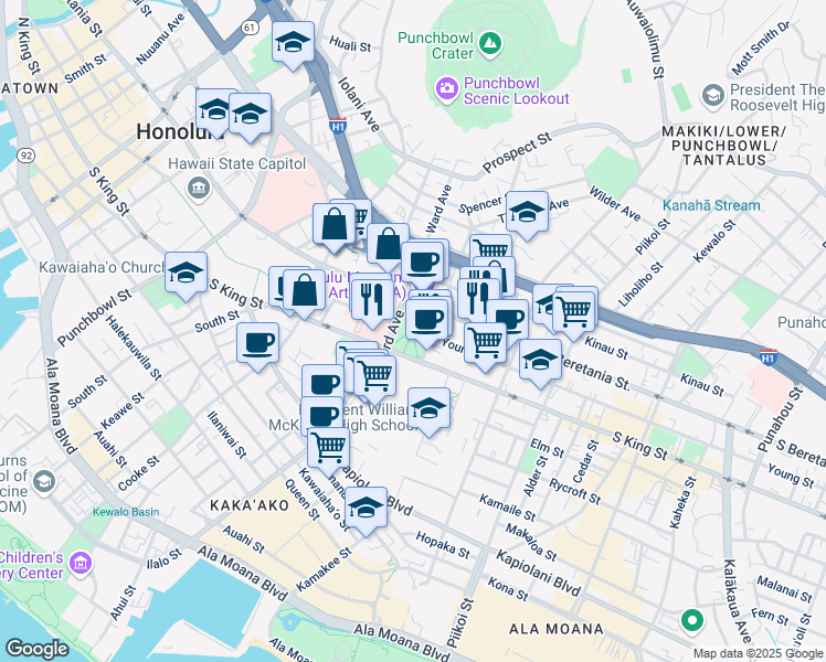 map of restaurants, bars, coffee shops, grocery stores, and more near 1102 Victoria Street in Honolulu