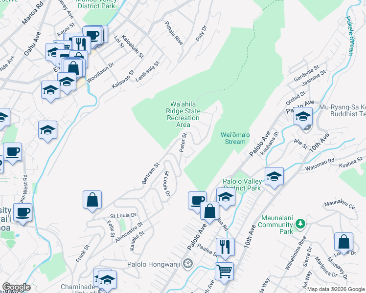 map of restaurants, bars, coffee shops, grocery stores, and more near 2559 Peter Street in Honolulu