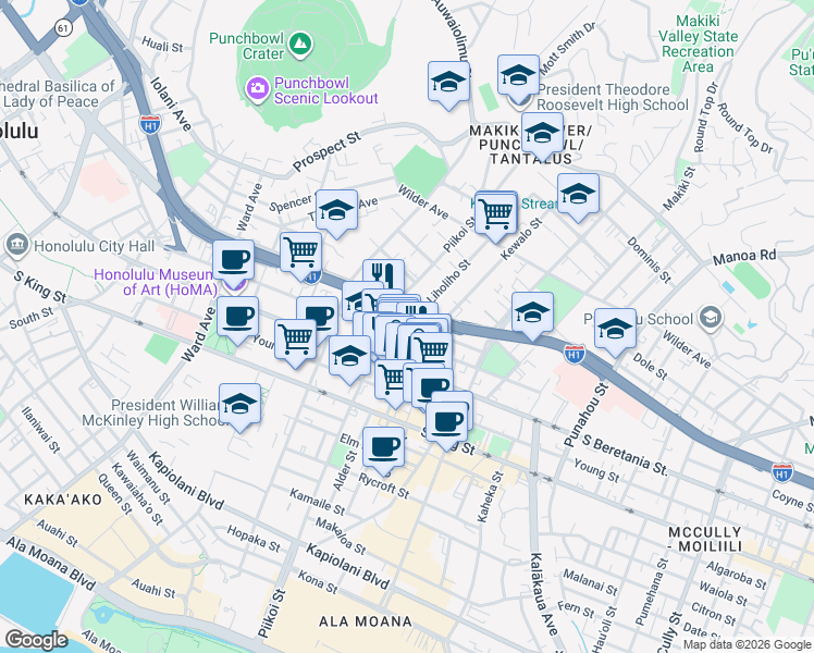 map of restaurants, bars, coffee shops, grocery stores, and more near 1214 Matlock Avenue in Honolulu