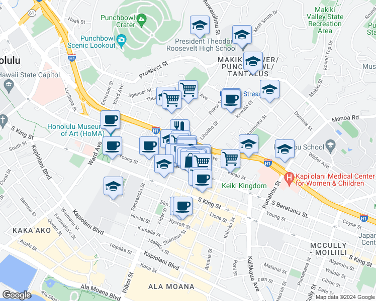 map of restaurants, bars, coffee shops, grocery stores, and more near 1214 Matlock Avenue in Honolulu