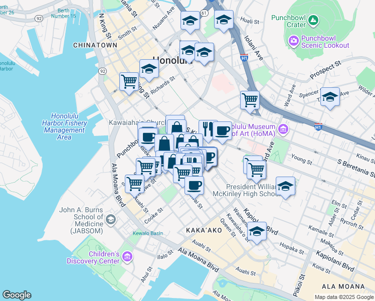 map of restaurants, bars, coffee shops, grocery stores, and more near 801 South Street in Honolulu