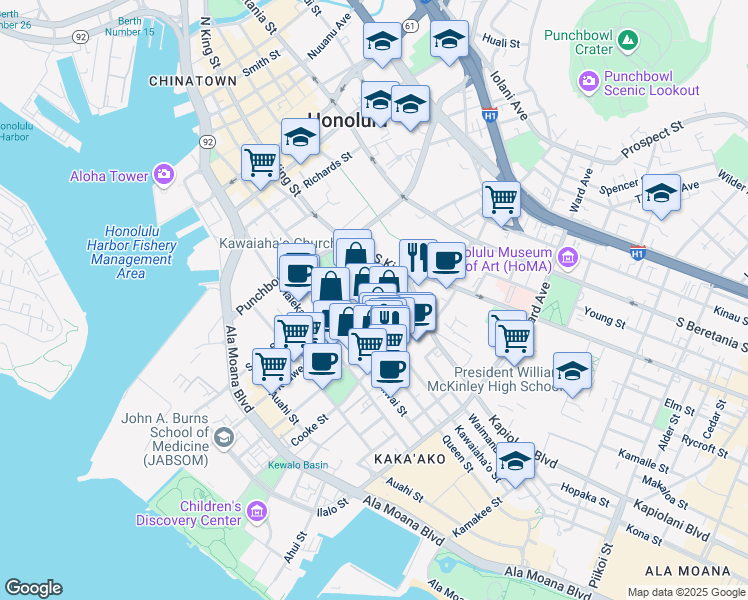 map of restaurants, bars, coffee shops, grocery stores, and more near 590 Kawaiahao Street in Honolulu