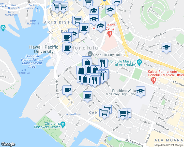 map of restaurants, bars, coffee shops, grocery stores, and more near 590 Kawaiahao Street in Honolulu