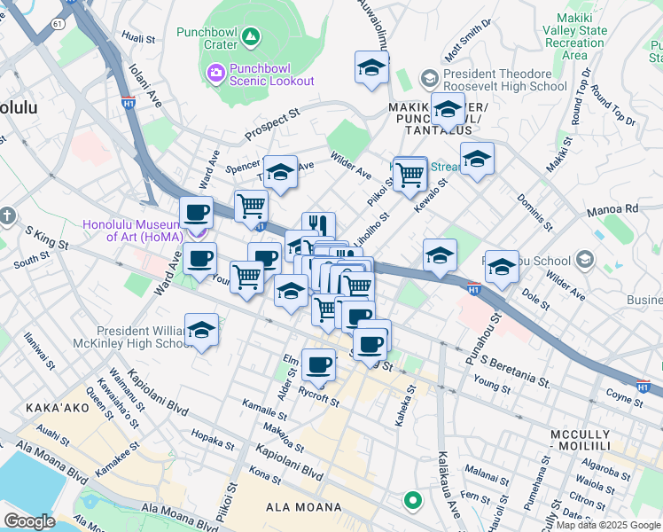 map of restaurants, bars, coffee shops, grocery stores, and more near 1207 Matlock Avenue in Honolulu
