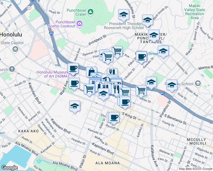 map of restaurants, bars, coffee shops, grocery stores, and more near 1141 Kinau Street in Honolulu