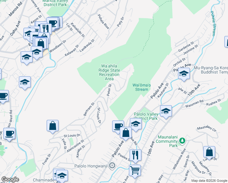 map of restaurants, bars, coffee shops, grocery stores, and more near 2649 Peter Street in Honolulu