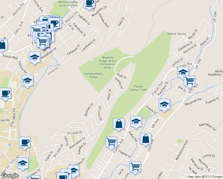 map of restaurants, bars, coffee shops, grocery stores, and more near 2649 Peter Street in Honolulu