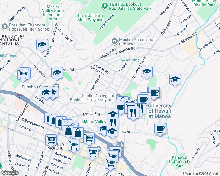 map of restaurants, bars, coffee shops, grocery stores, and more near 2104 Hunnewell Street in Honolulu
