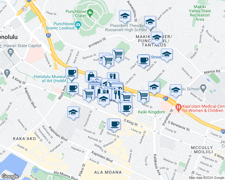 map of restaurants, bars, coffee shops, grocery stores, and more near 1134 Kinau Street in Honolulu