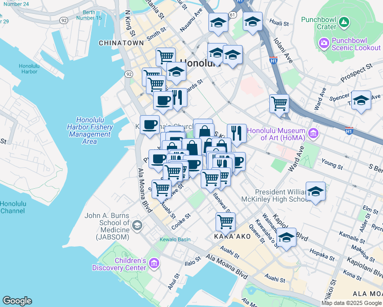 map of restaurants, bars, coffee shops, grocery stores, and more near in Honolulu