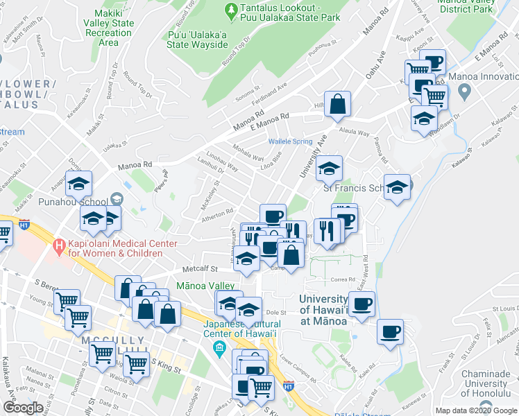 map of restaurants, bars, coffee shops, grocery stores, and more near 2128 Oahu Avenue in Honolulu