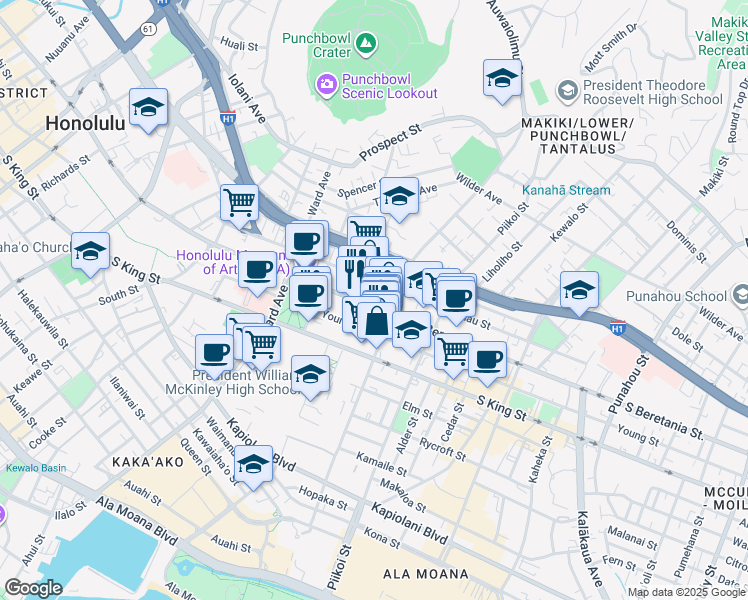 map of restaurants, bars, coffee shops, grocery stores, and more near 1048 South Beretania Street in Honolulu