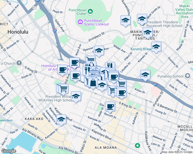 map of restaurants, bars, coffee shops, grocery stores, and more near 1220 Pensacola Street in Honolulu
