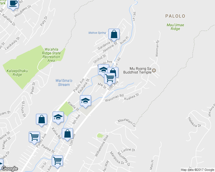 map of restaurants, bars, coffee shops, grocery stores, and more near 2330 Hanakealoha Place in Honolulu