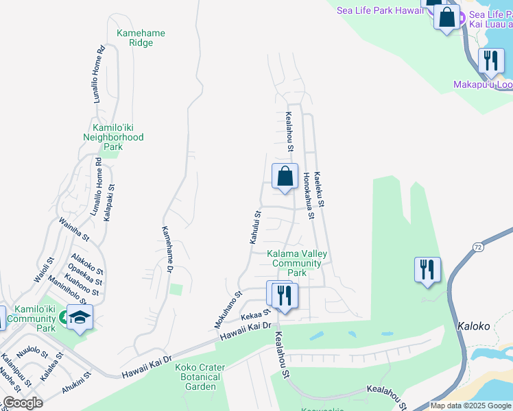 map of restaurants, bars, coffee shops, grocery stores, and more near 1190 Kahului Street in Honolulu