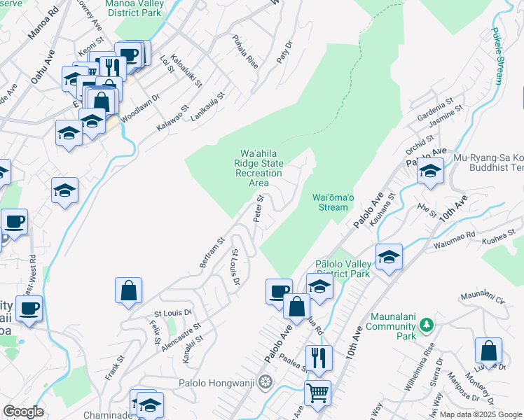 map of restaurants, bars, coffee shops, grocery stores, and more near 2569 Peter Street in Honolulu