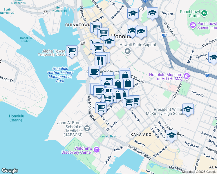 map of restaurants, bars, coffee shops, grocery stores, and more near 550 Halekauwila Street in Honolulu