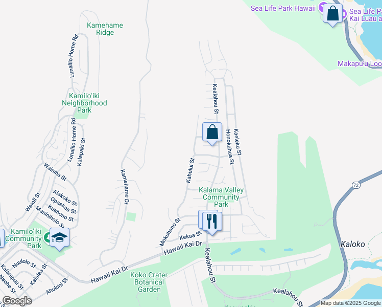 map of restaurants, bars, coffee shops, grocery stores, and more near 1190 Kahului Street in Honolulu