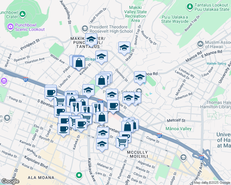 map of restaurants, bars, coffee shops, grocery stores, and more near 1561 Wilder Avenue in Honolulu