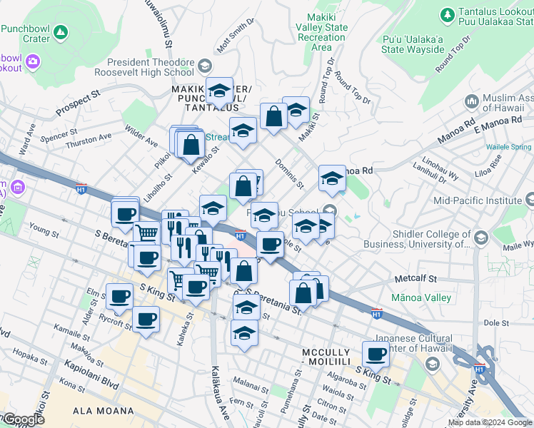 map of restaurants, bars, coffee shops, grocery stores, and more near 1561 Wilder Avenue in Honolulu