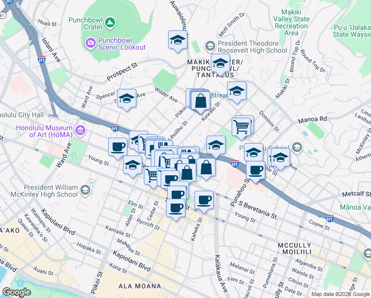 map of restaurants, bars, coffee shops, grocery stores, and more near 1420 Ke’eaumoku Street in Honolulu
