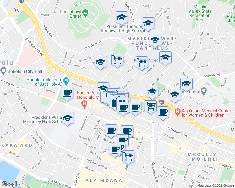 map of restaurants, bars, coffee shops, grocery stores, and more near 1214 Matlock Avenue in Honolulu