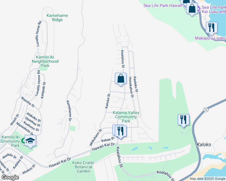 map of restaurants, bars, coffee shops, grocery stores, and more near 1190 Kahului Street in Honolulu