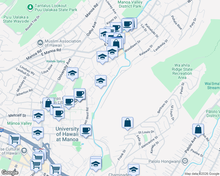 map of restaurants, bars, coffee shops, grocery stores, and more near 2826 Kalawao Street in Honolulu