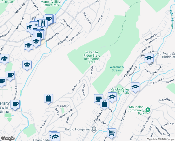 map of restaurants, bars, coffee shops, grocery stores, and more near 1934 Bertram Street in Honolulu
