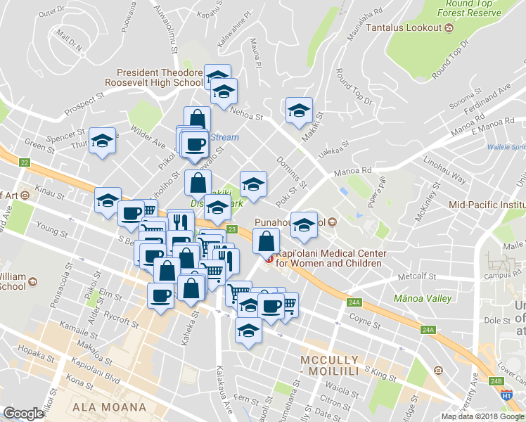 map of restaurants, bars, coffee shops, grocery stores, and more near 1525 Wilder Avenue in Honolulu