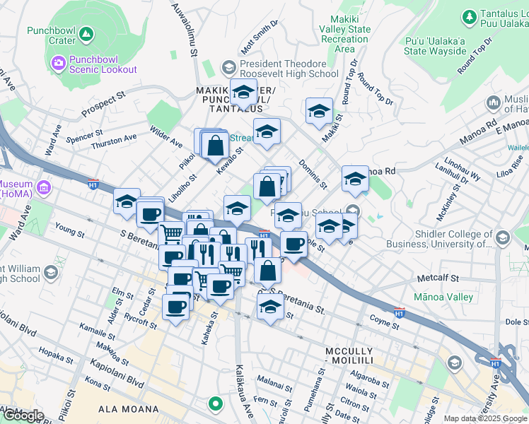 map of restaurants, bars, coffee shops, grocery stores, and more near in Honolulu