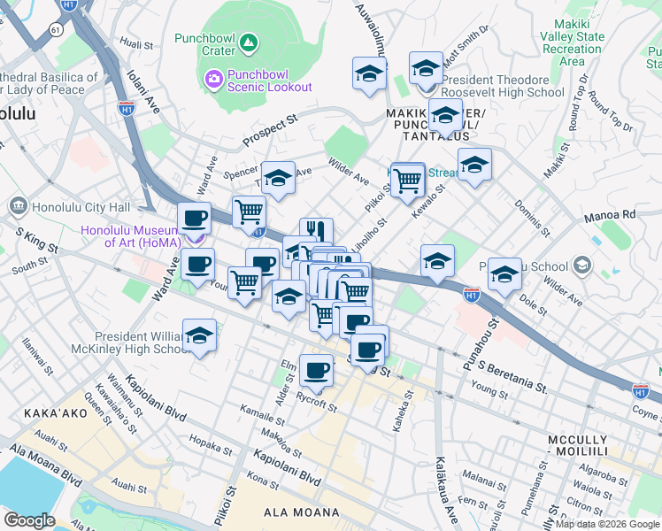 map of restaurants, bars, coffee shops, grocery stores, and more near 1214 Matlock Avenue in Honolulu
