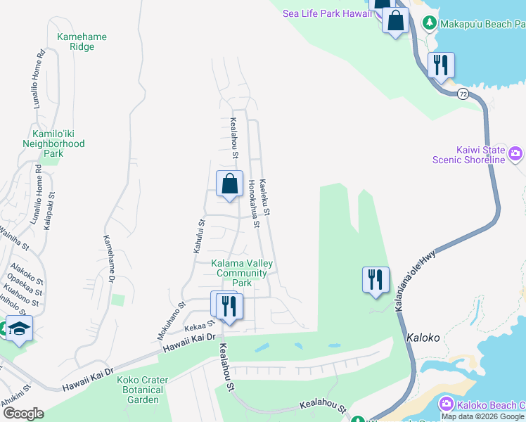 map of restaurants, bars, coffee shops, grocery stores, and more near 1266 Kaeleku Street in Honolulu