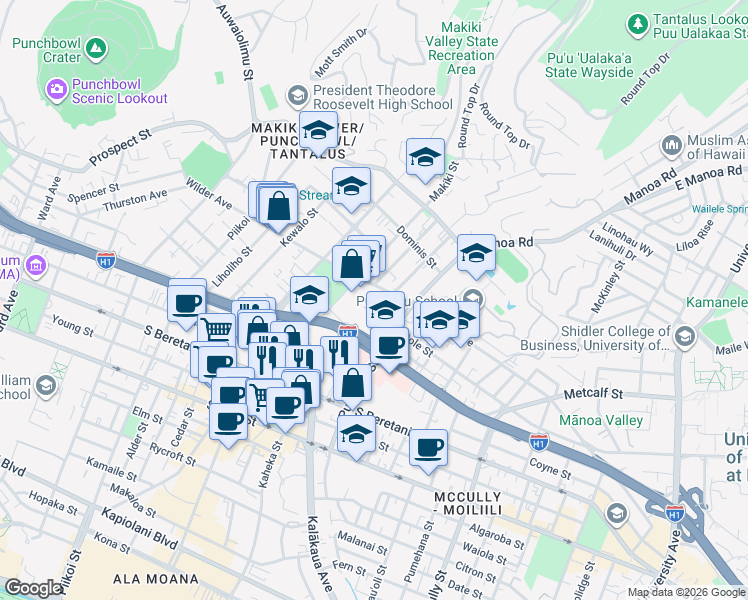 map of restaurants, bars, coffee shops, grocery stores, and more near 1525 Wilder Avenue in Honolulu