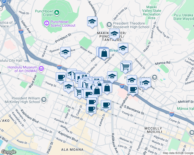 map of restaurants, bars, coffee shops, grocery stores, and more near 1324 Lunalilo Street in Honolulu