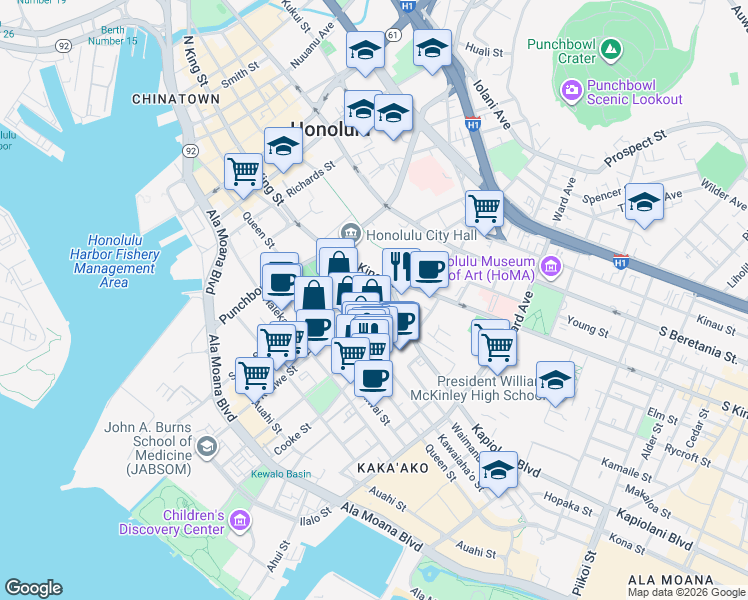 map of restaurants, bars, coffee shops, grocery stores, and more near 801 South Street in Honolulu