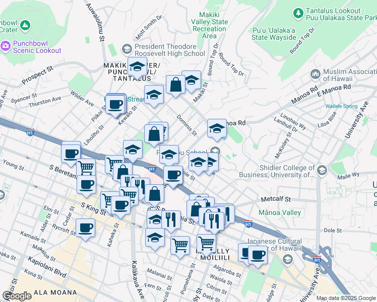map of restaurants, bars, coffee shops, grocery stores, and more near Punahou Street in Honolulu
