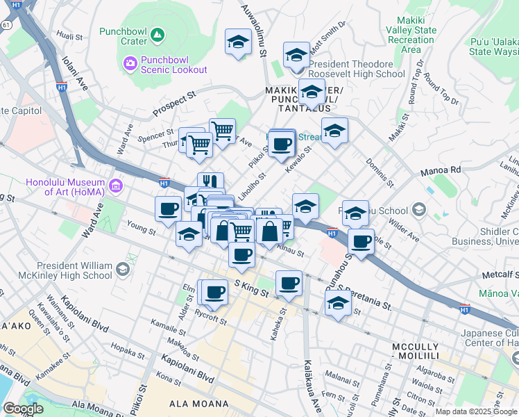 map of restaurants, bars, coffee shops, grocery stores, and more near 1400 Kewalo Street in Honolulu