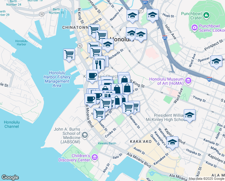 map of restaurants, bars, coffee shops, grocery stores, and more near 550 Halekauwila Street in Honolulu