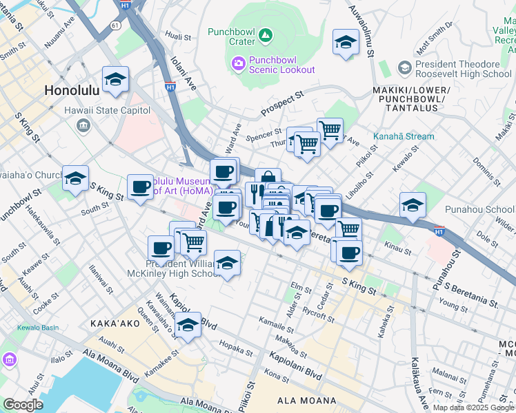map of restaurants, bars, coffee shops, grocery stores, and more near 1048 South Beretania Street in Honolulu