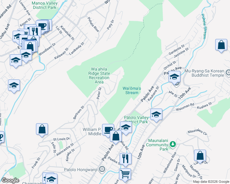 map of restaurants, bars, coffee shops, grocery stores, and more near 2715 Peter Street in Honolulu