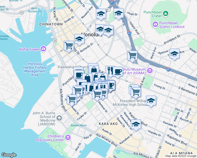 map of restaurants, bars, coffee shops, grocery stores, and more near 590 Kawaiahao Street in Honolulu