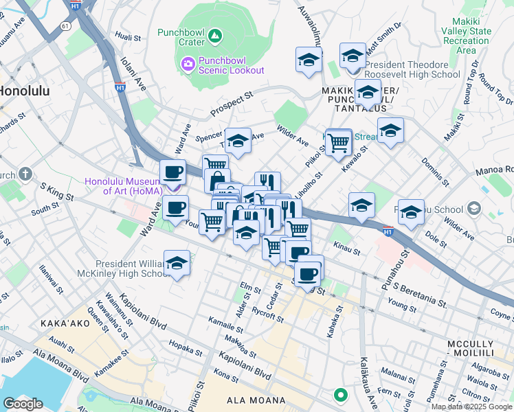 map of restaurants, bars, coffee shops, grocery stores, and more near 1134 Kinau Street in Honolulu