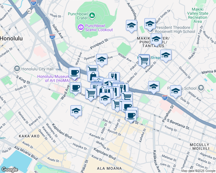 map of restaurants, bars, coffee shops, grocery stores, and more near 1134 Kinau Street in Honolulu