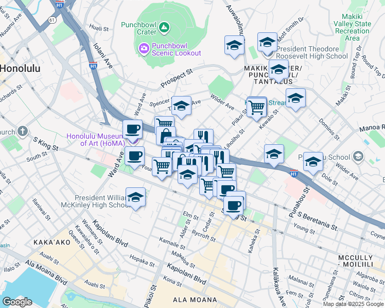 map of restaurants, bars, coffee shops, grocery stores, and more near 1122 Kinau Street in Honolulu