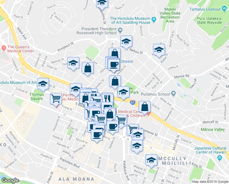 map of restaurants, bars, coffee shops, grocery stores, and more near 1436F Ke’eaumoku Street in Honolulu